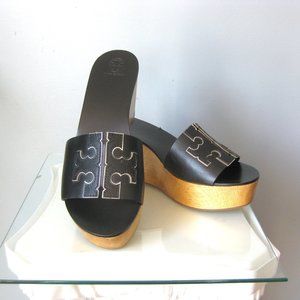 Tory Burch Black Ines Logo Wedge Platform Slides Woman’s Size 11 Black
